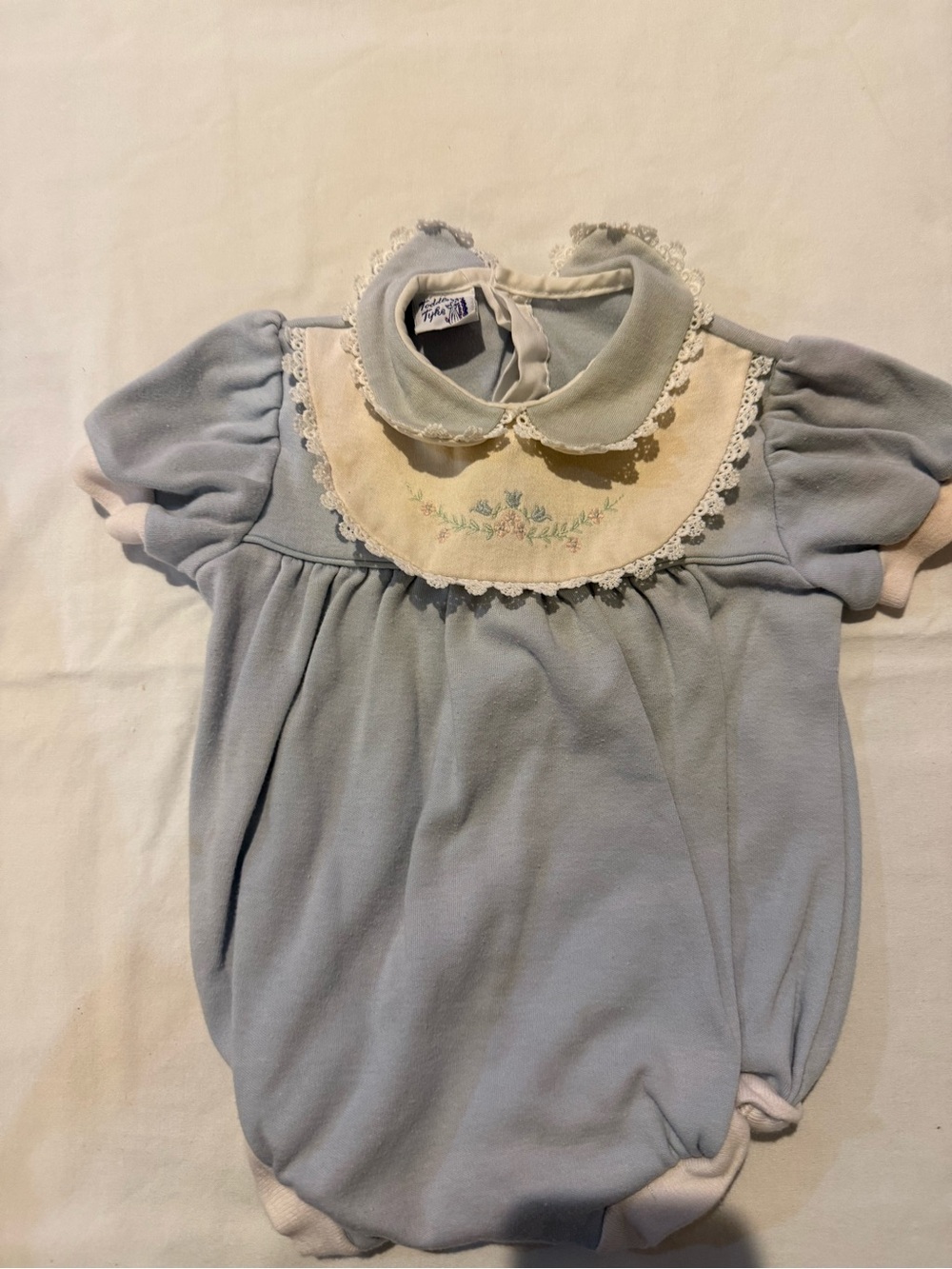 Vintage 1990 made in USA Soft Light Blue Baby Bubble Romper with Embroidered Bib
